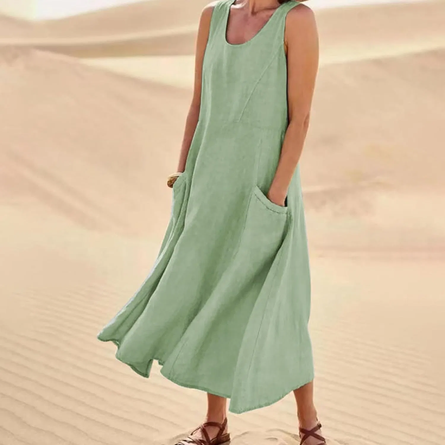Женское летнее платье макси из хлопка и льна с карманами, Mint Green — фото 2