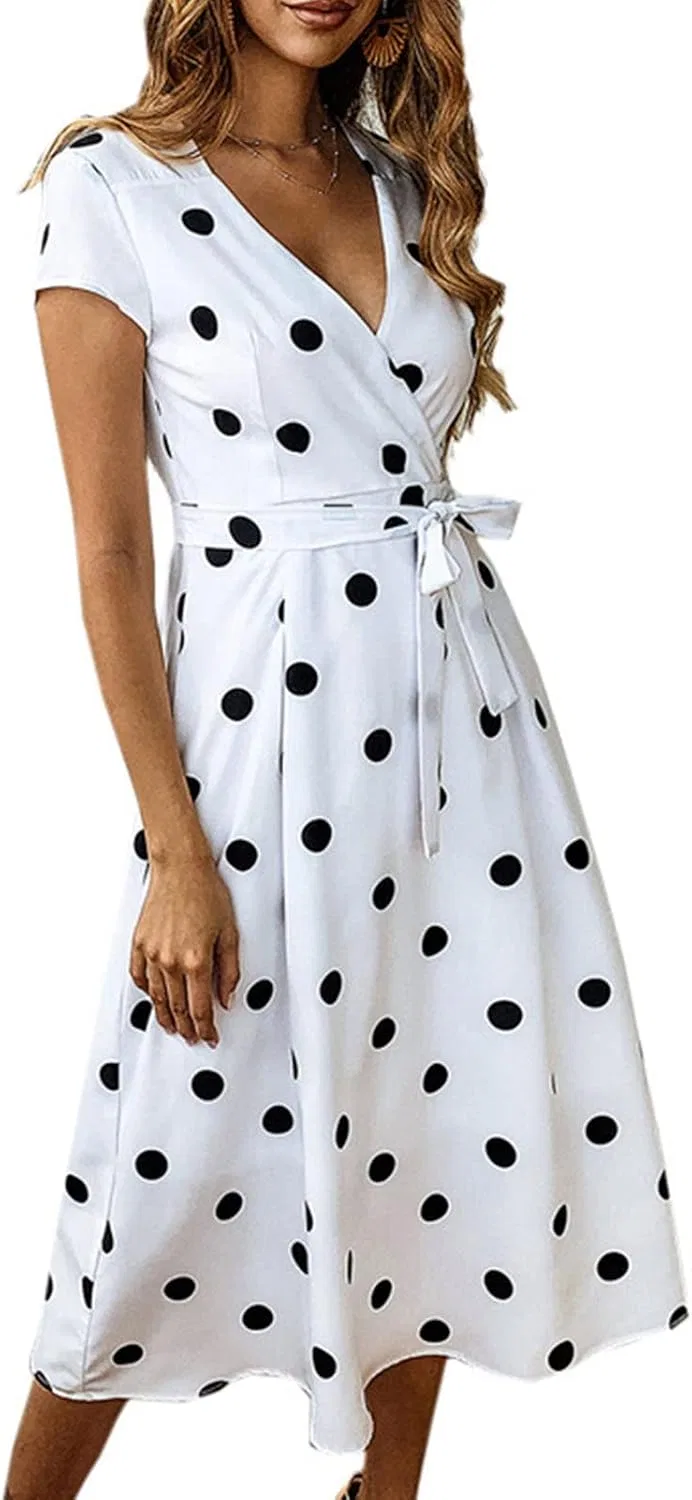 Женское платье с воротником-шалькой и рюшами, Polka Dot, White