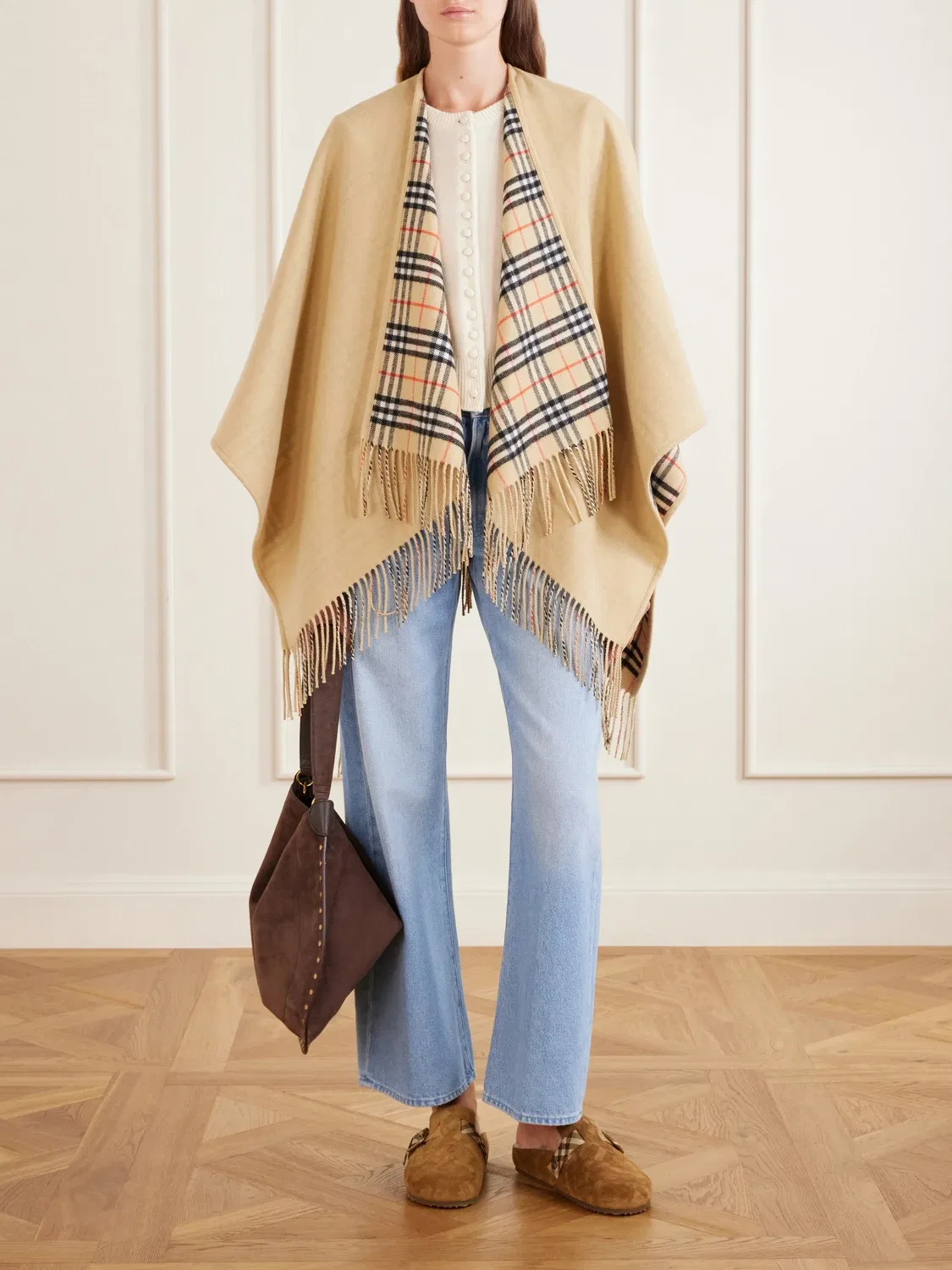 Шерстяная накидка с бахромой BURBERRY, бежевый — фото 2