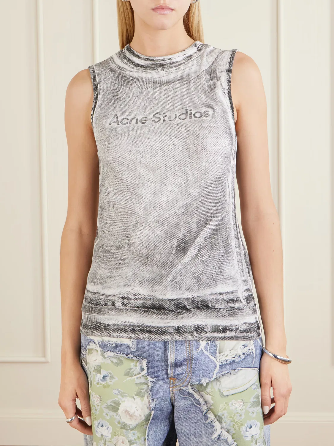 Топ Elgie из хлопковой смеси с принтом Acne Studios, серый — фото 3
