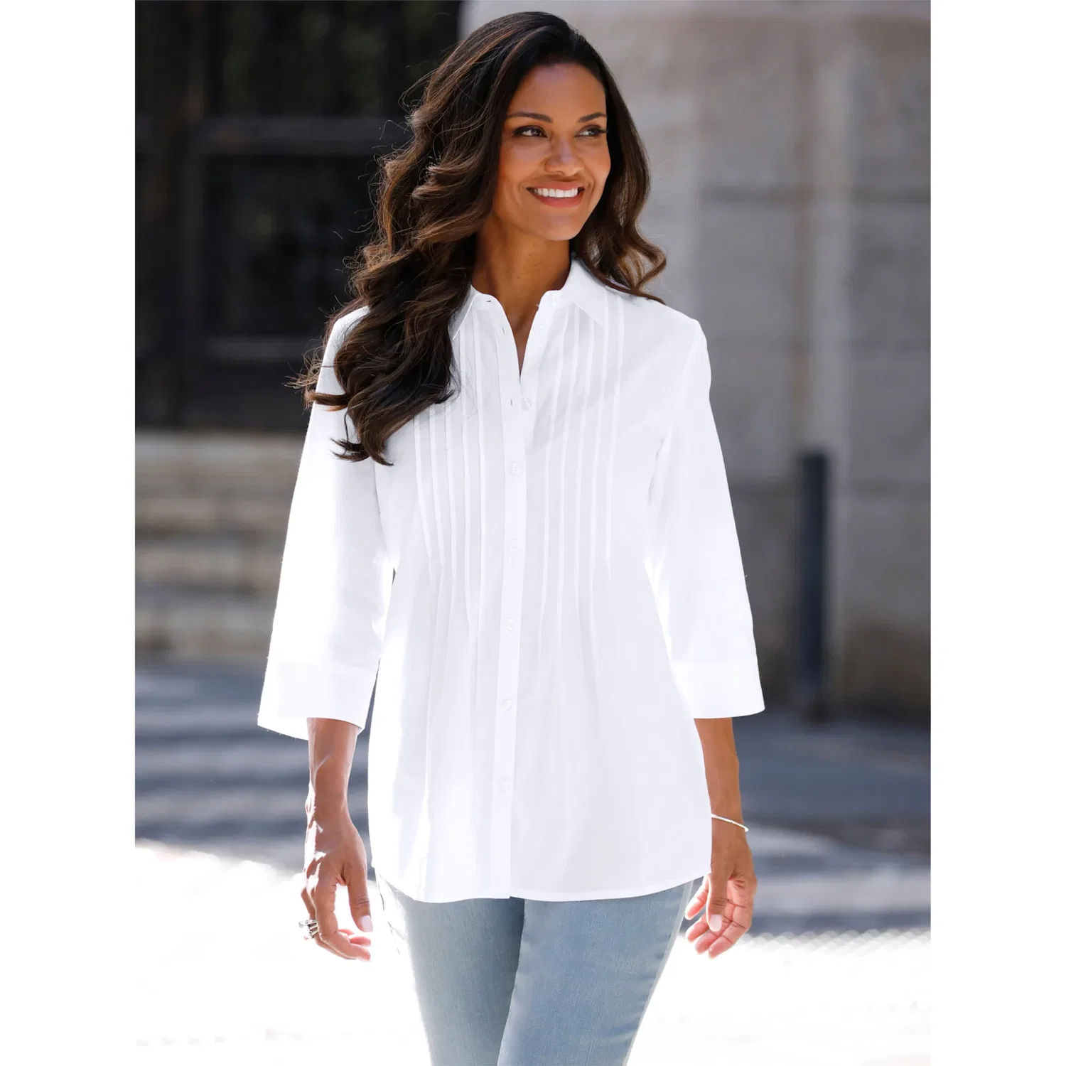 Женская удлиненная блуза с воротником-рубашкой Classic Basics, White