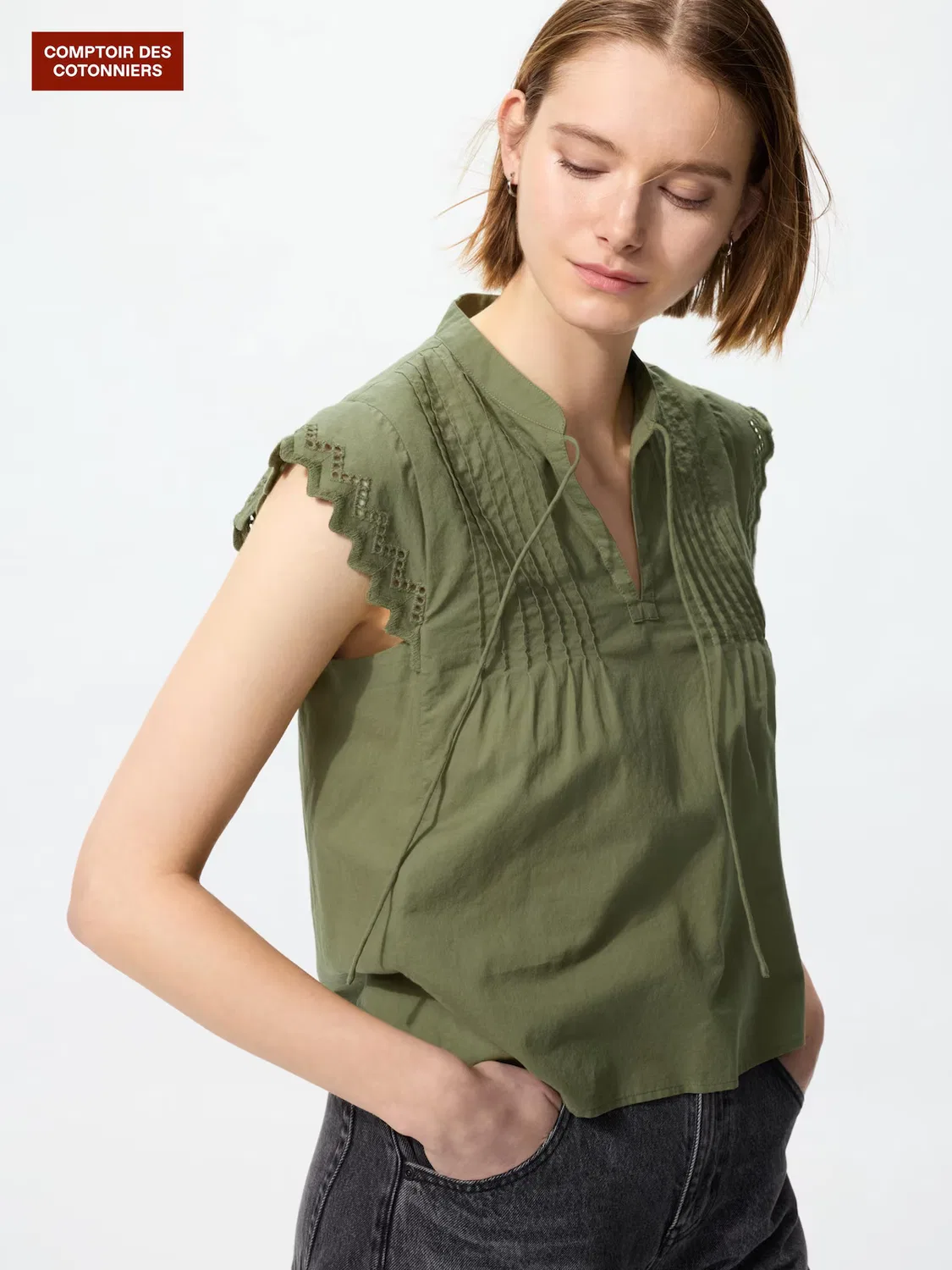 Блузка Uniqlo, без рукавов, хлопковая, оливковый