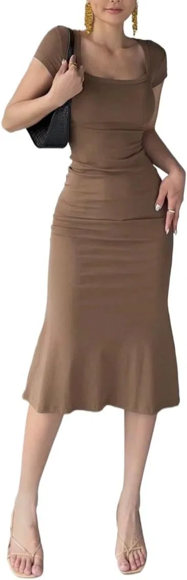 Женское элегантное миди-платье bodycon с квадратным вырезом, Chocolate Brown