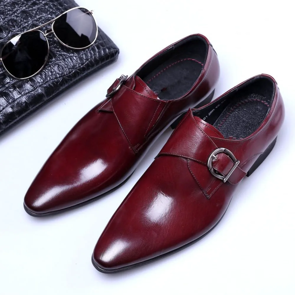 Мужские туфли Monk Strap Классические Ретро Формальные Деловые Лоферы Легкие Кожаные Слипоны Комфортные Носка Низкий Каблук Заостренный Носок Платиновая Пряжка Лоферы Оксфорды для Повседневной Элегантной Работы, Офиса и Свадьбы Geerta, красный — фото 2