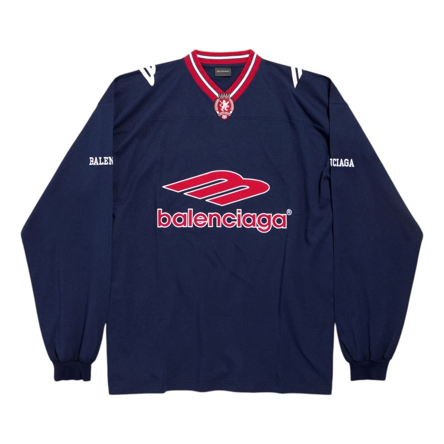 

Футболка Balenciaga 3B Football с длинным рукавом и V-образным вырезом, цвет «Темно-синий красный»