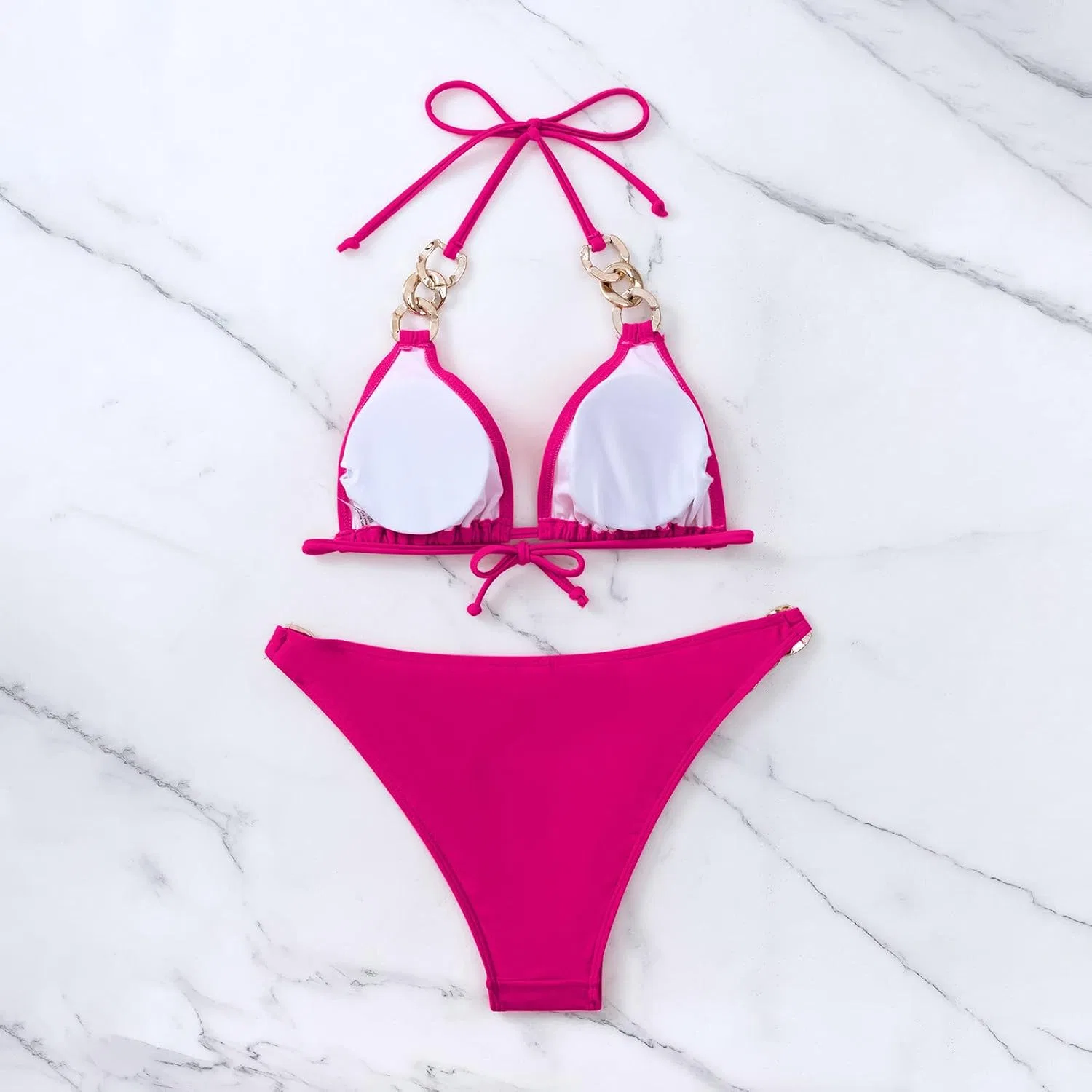 Женский бикини-комплект с металлическими украшениями, High Waisted, Hot Pink — фото 4