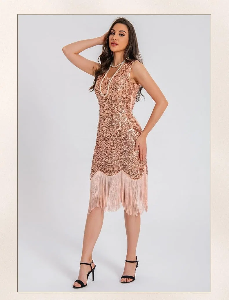 Женское платье без рукавов с принтом, 1920s Gatsby Sequin Fringe Flapper Dress, абрикосовый/золотистый — фото 2