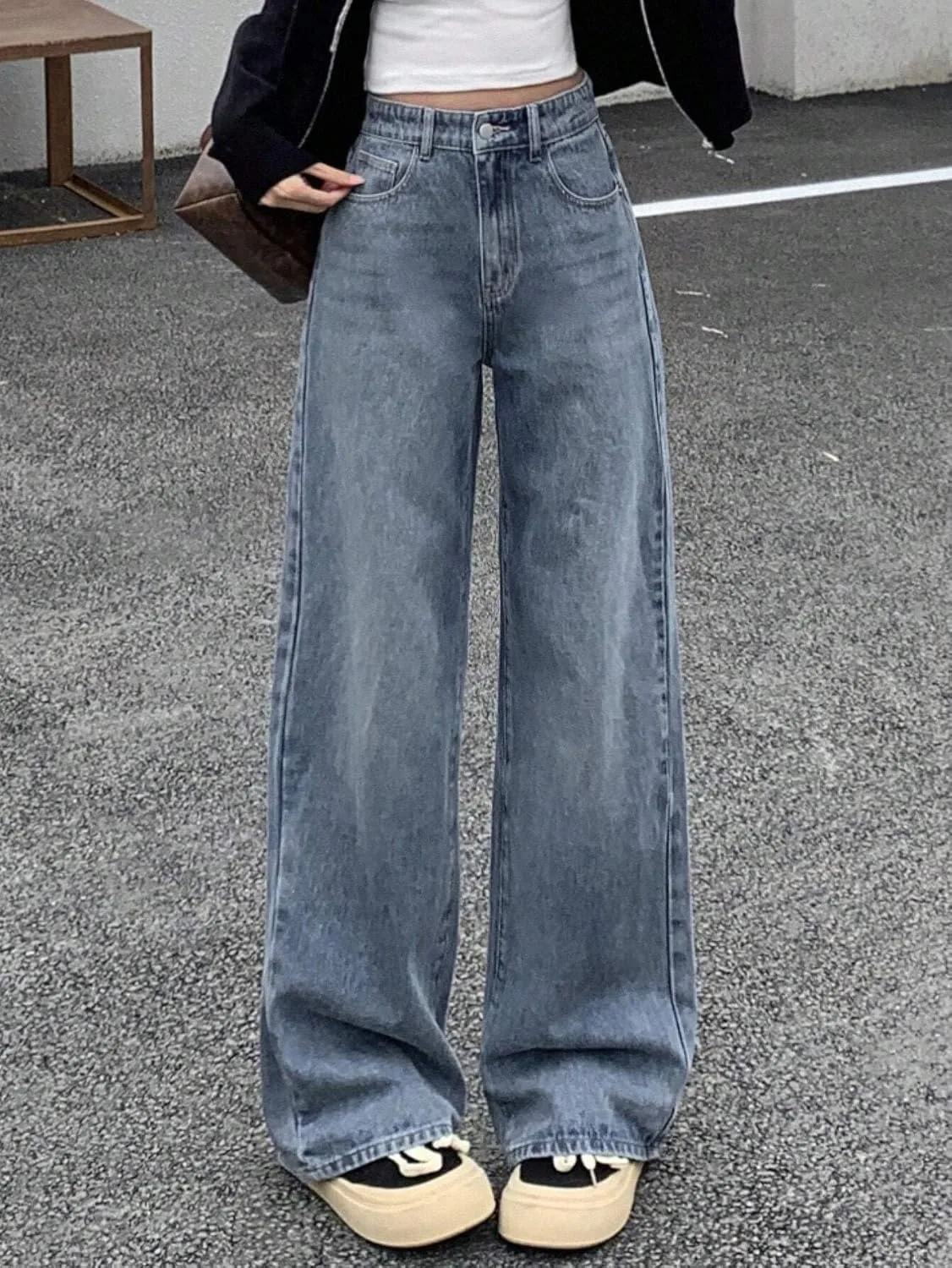 Женские классические джинсы Loose Fit, широкие, удлиненные, с рваным краем Generic, Medium Wash — фото 3