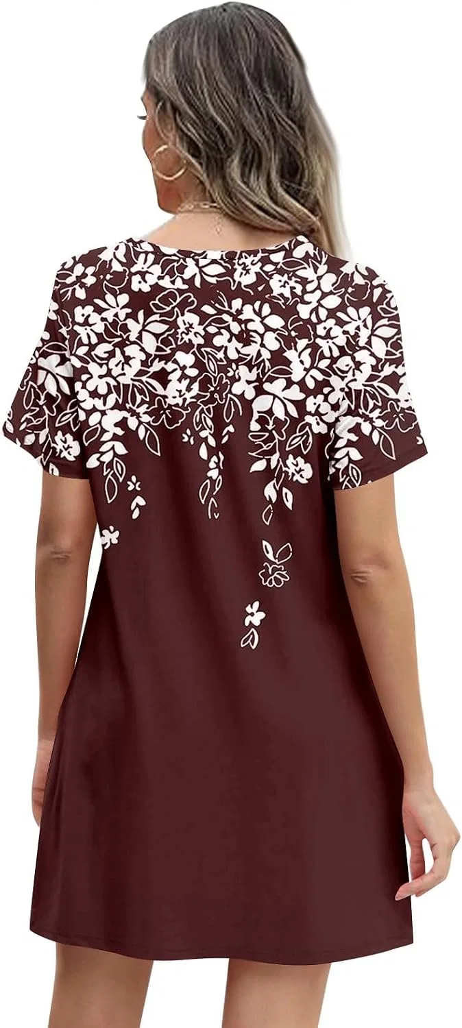 Женское летнее платье с цветочным принтом T-Shirt Dress, Wine — фото 2