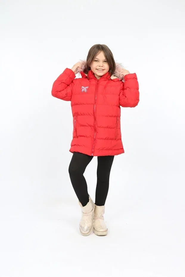 Детский пуховик для девочек с капюшоном B&T, Red