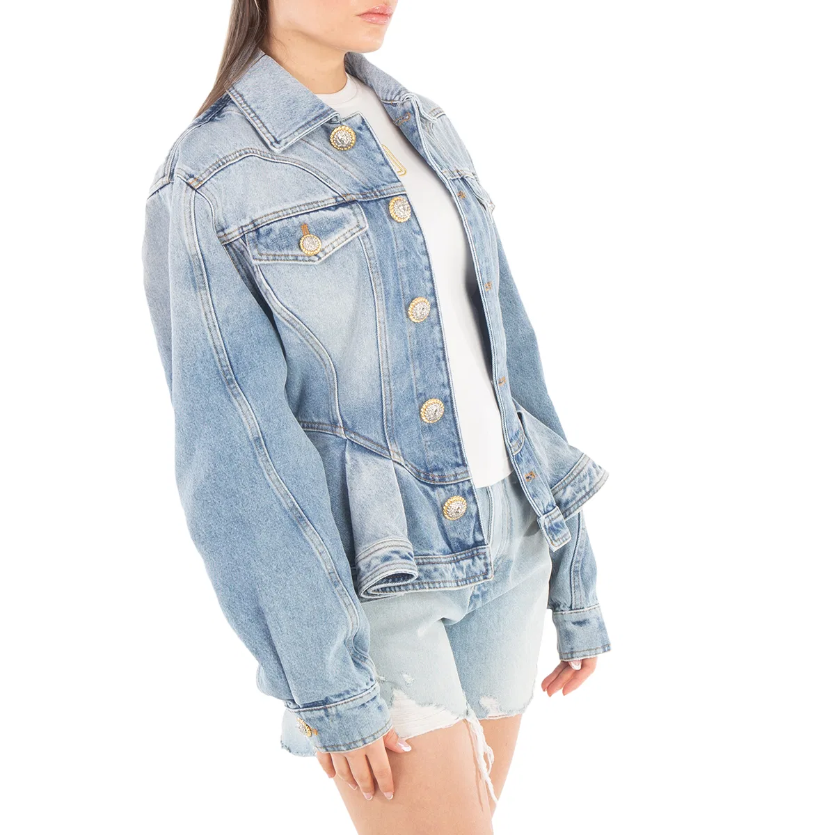 Жакет из денима с плиссировкой Logo-Buttons Pleated Denim Blazer Balmain, Bleu Jean Clair — фото 2