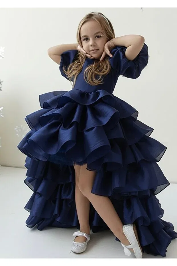 Детское платье из атласа с пышной юбкой и съемным шлейфом Asel Kids, Navy Blue — фото 2
