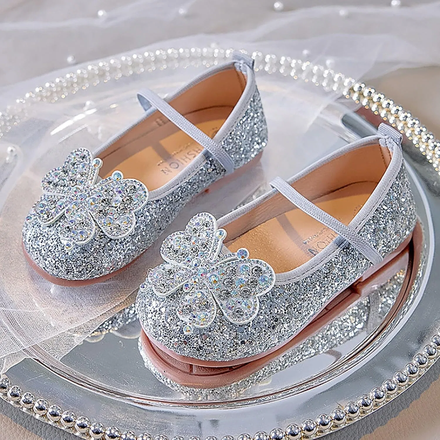 Детские туфли Мэри Джейн с блестками и бабочкой для девочек, Silver — фото 3