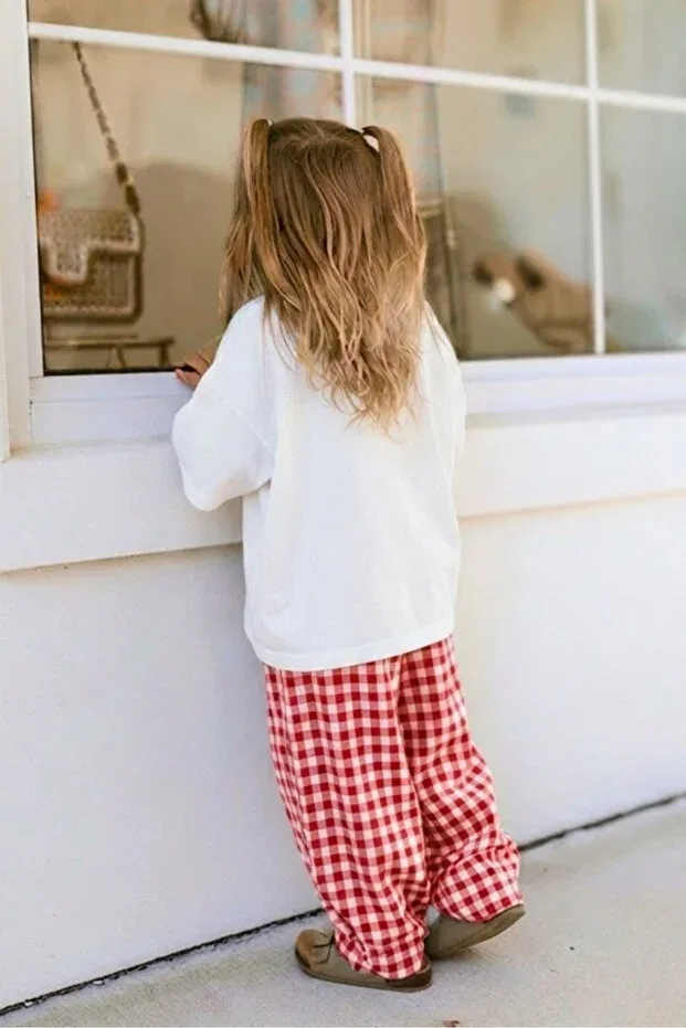 Детские брюки для девочек широкие с принтом Elibaby, Red Gingham — фото 3
