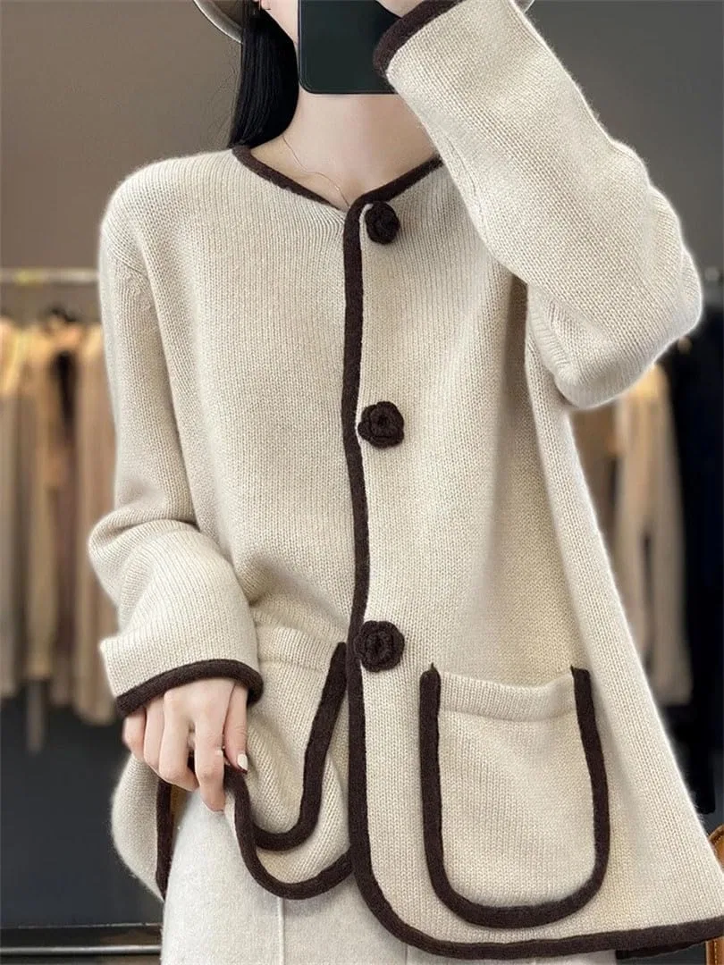 Женский кардиган с V-образным вырезом, с цветочным принтом, пуговицами и карманами, бежевый — фото 2