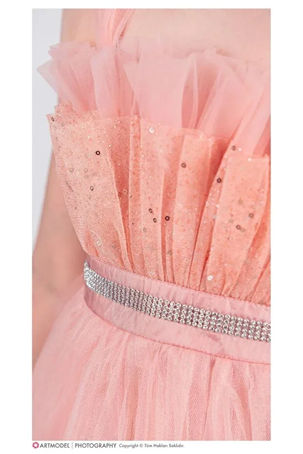 Детское платье для девочек на бретелях E.T.Ç baby stone belted ruffle detailed girl's dress Etç Baby, Salmon — фото 4