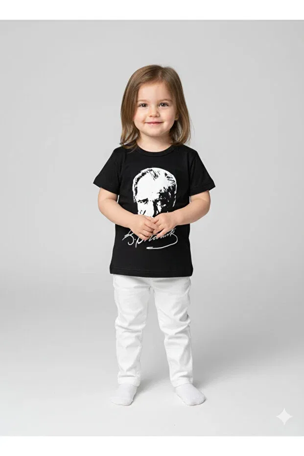 Детская футболка с принтом Ataturk printed unisex baby t-shirt Sibel Günay Butik, Black — фото 2