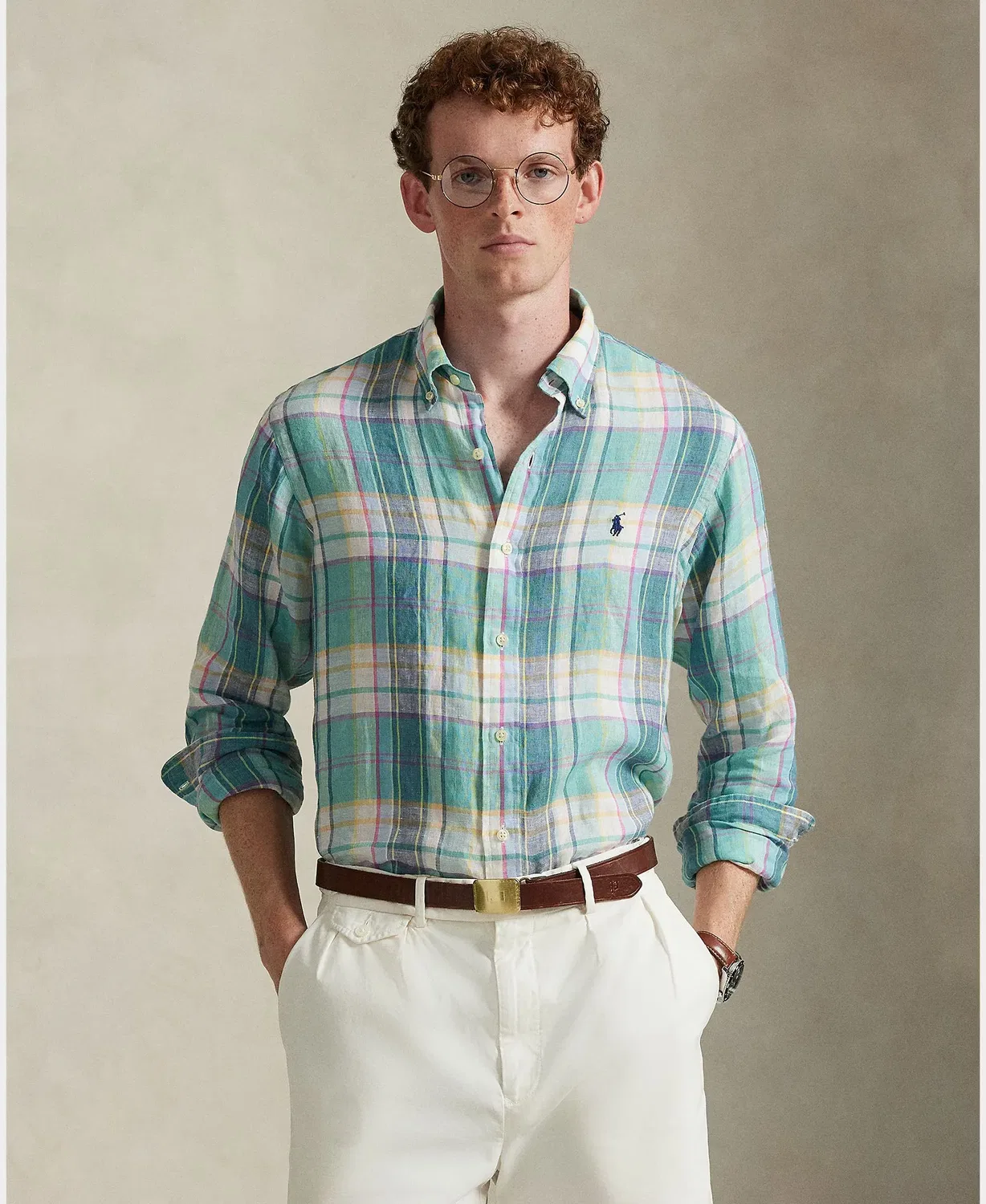 Мужская рубашка из льна с клетчатым принтом Classic Fit Polo Ralph Lauren, Verde