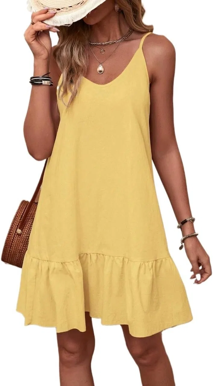 Женское свободное платье миди на бретельках с рюшами, Light Yellow