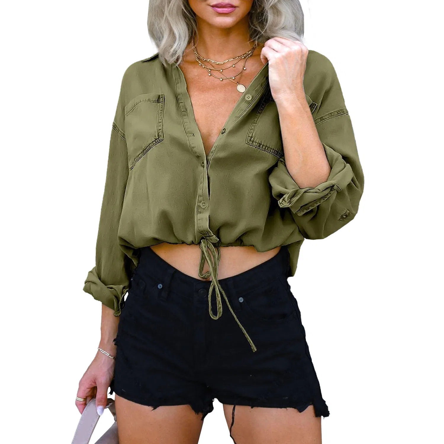Женская джинсовая рубашка с отложным воротником и рукавом 3/4, Verde militare