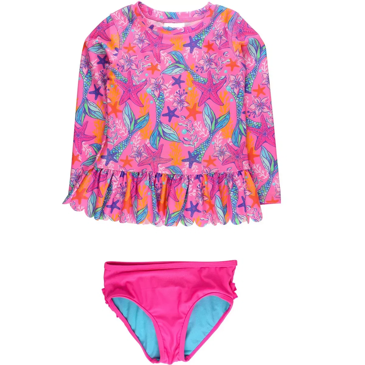 Детский комплект для плавания с длинным рукавом RuffleButts, Neon Shimmer Mermaid