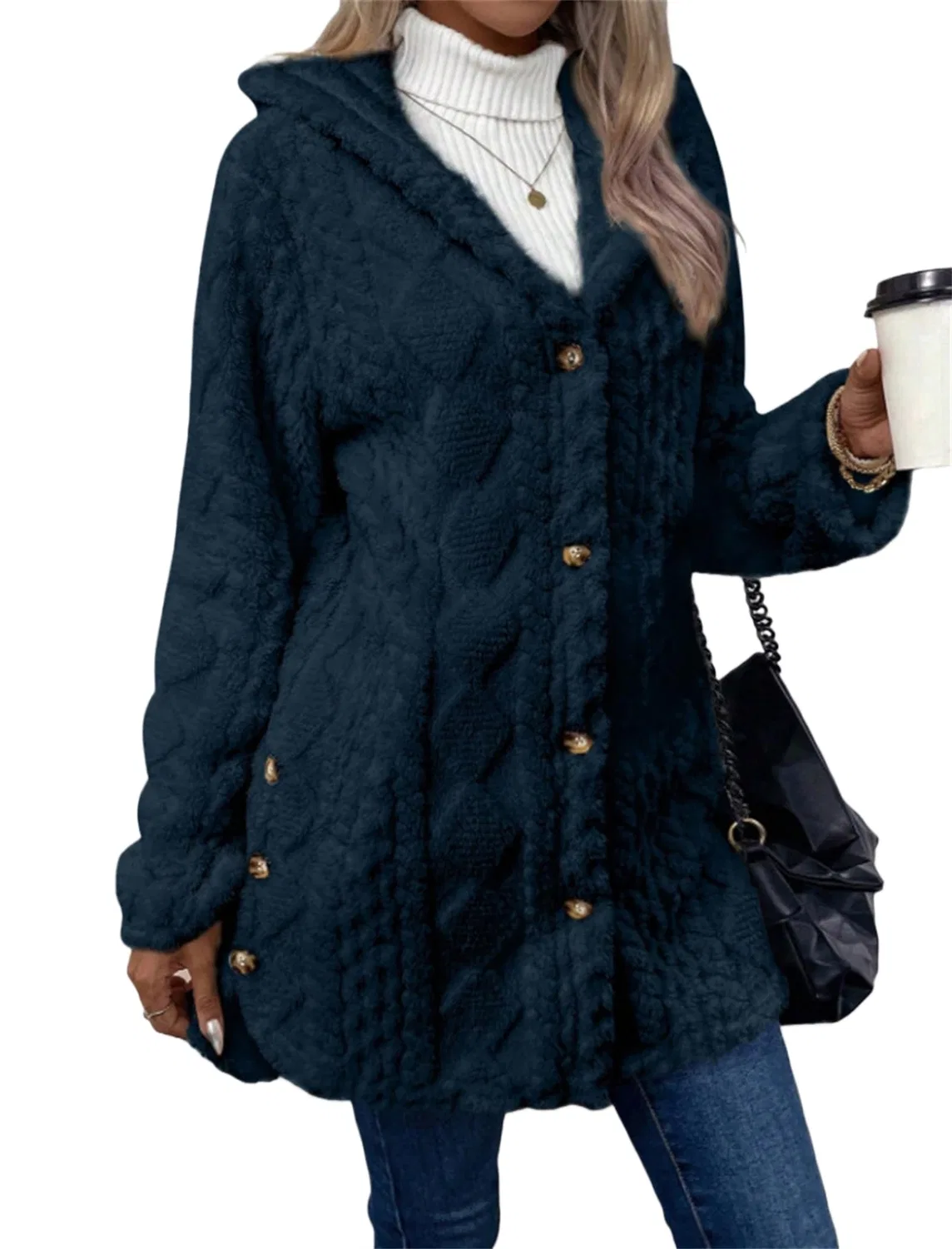 Женское пальто с капюшоном Donna Autunno Inverno Caldo Moda Jacquard, Blu scuro