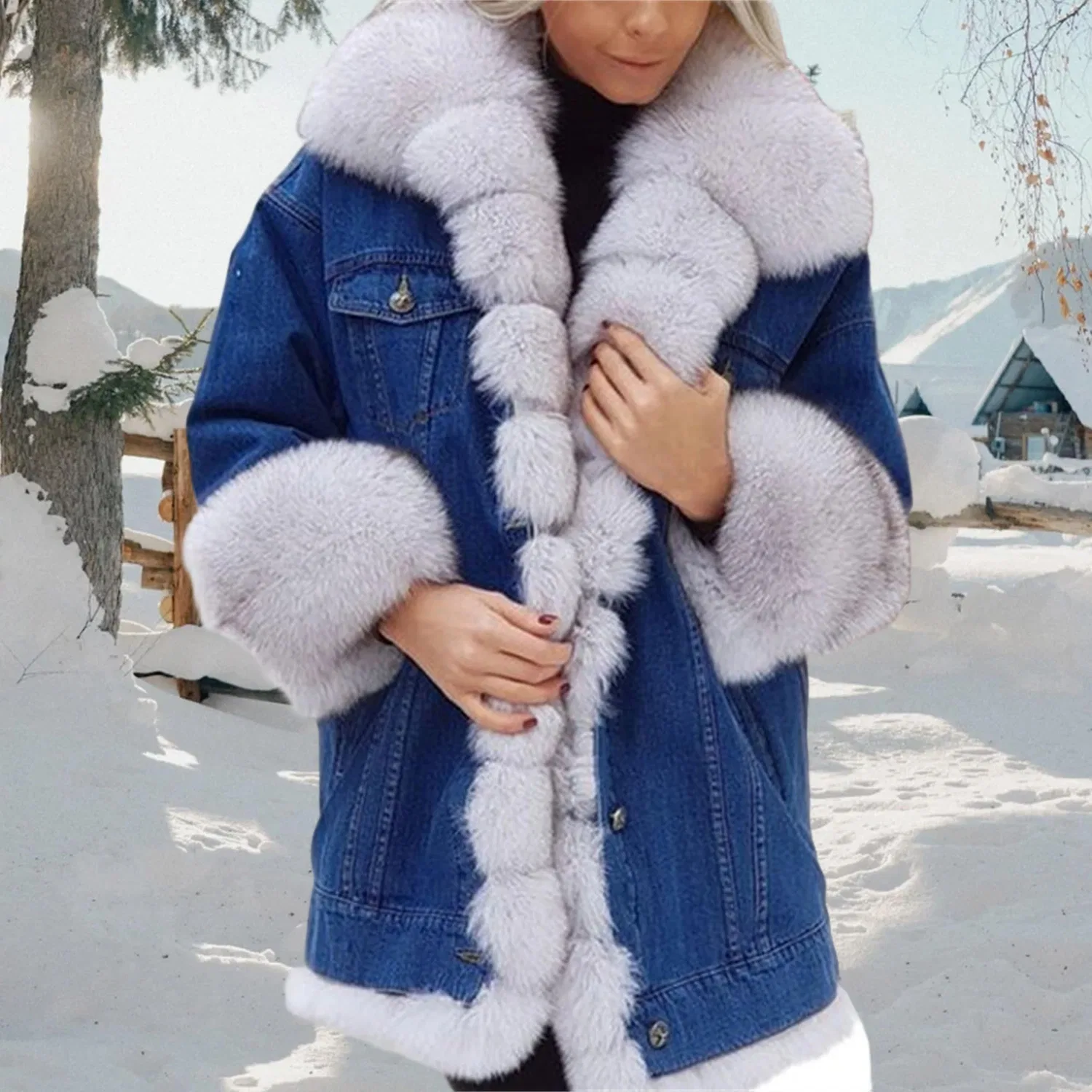 Женское джинсовое пальто oversize с подкладкой из искусственного меха, Bianco — фото 3
