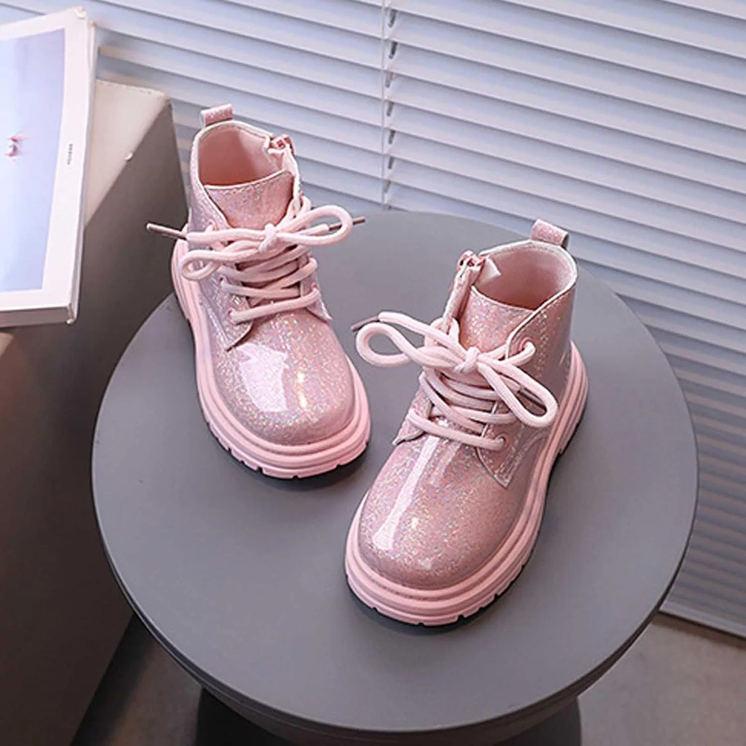 Детские ботинки для девочек на шнуровке с боковой молнией IWIHMIV, Pink — фото 4