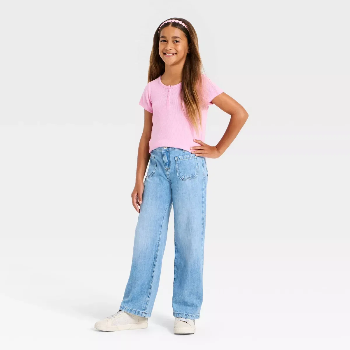 Детские джинсы для девочек с широкой штаниной Mid-Rise Patch Pocket Wide Leg Jeans Cat & Jack, Medium Wash — фото 3