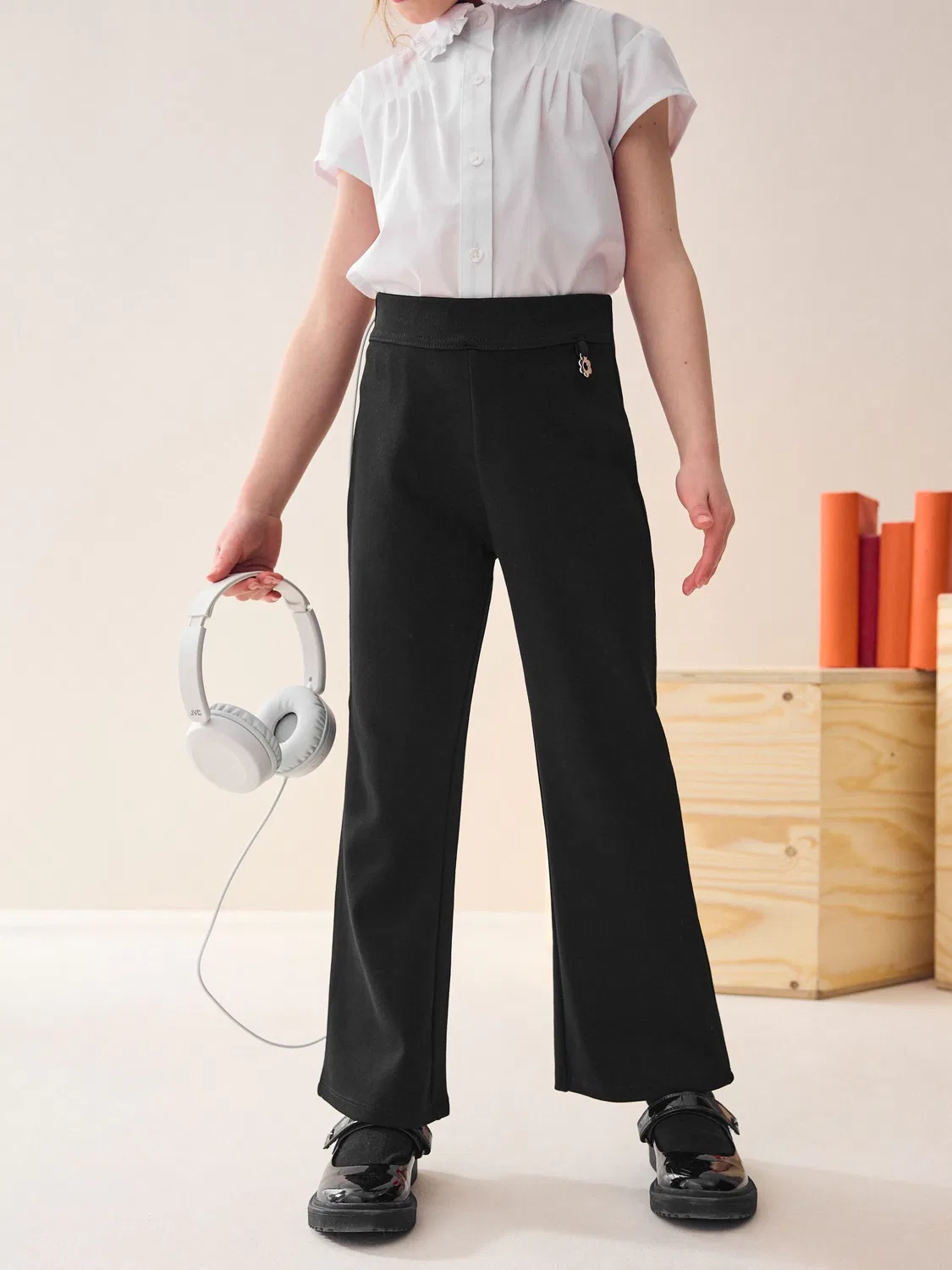 Брюки школьные, Regular Length, Black Regular Length Pull-On Cotton Rich Stretch Boot Cut School Trousers Next, черный