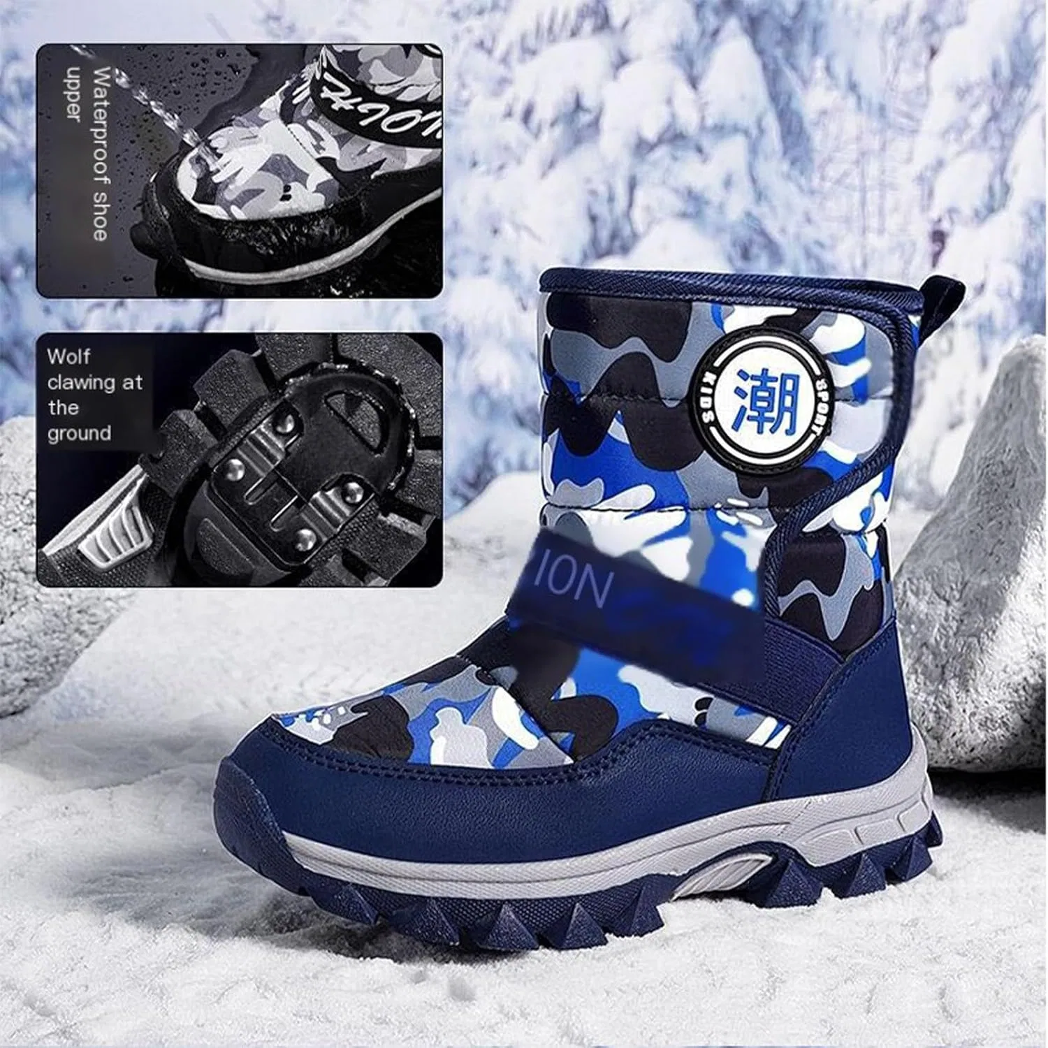 Детские зимние ботинки с принтом камуфляж Boys Camouflage Snow Boots, Blue — фото 4