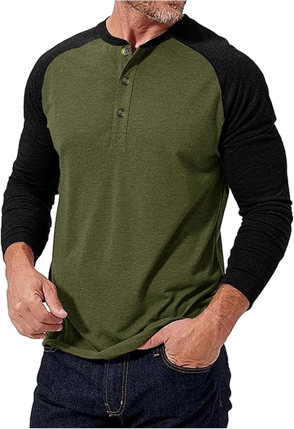 Мужская футболка с длинным рукавом реглан Henley, Army Green