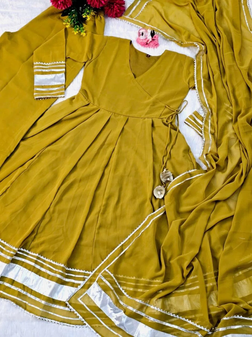 Женское платье-анаркали из шифона с отделкой, Anarkali Suit 20001, горчичный — фото 4
