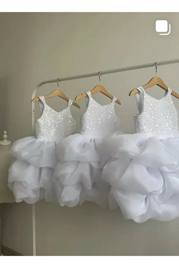 Детское платье для девочек с коротким рукавом White pearls and carolin fabric Prenses Tasarım Atolyesi, White