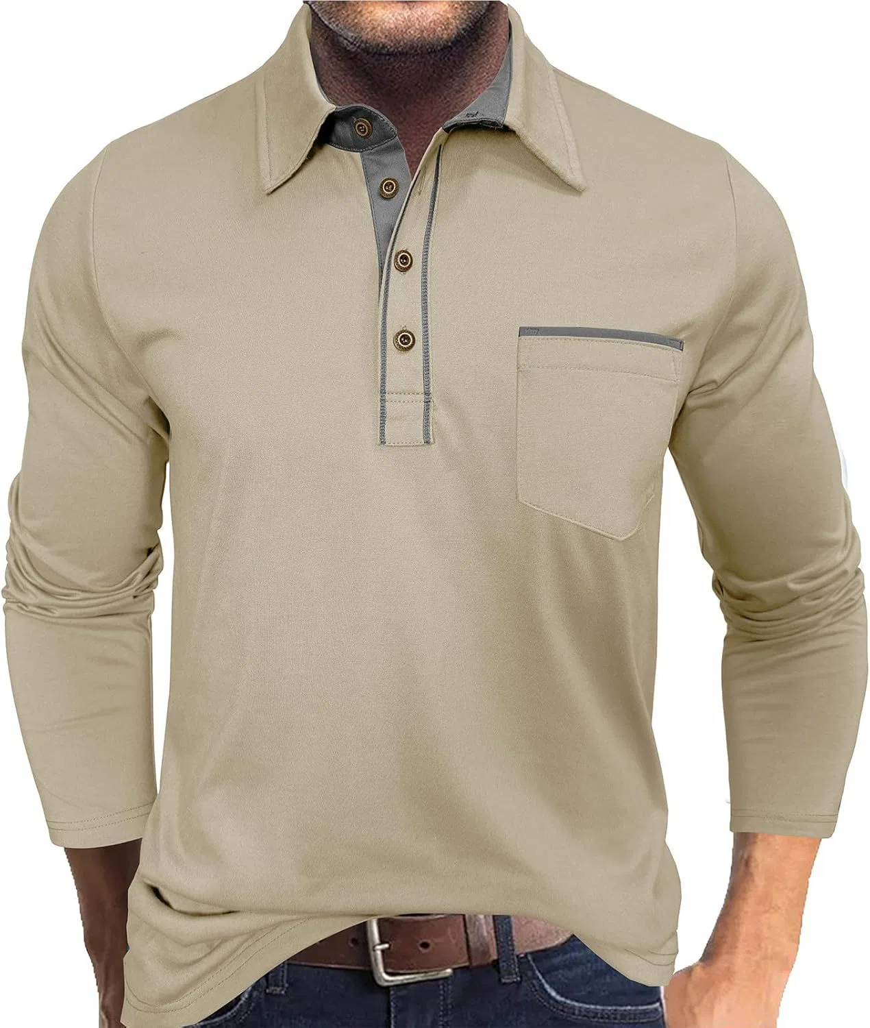 Мужская классическая футболка поло с длинным рукавом, Beige