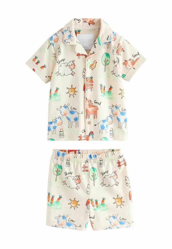 Пижамный комплект с принтом Regular fit single button through short pyjamas set Next, Ecru Yellow Blue Green Farmyard, синий/зеленый/желтый