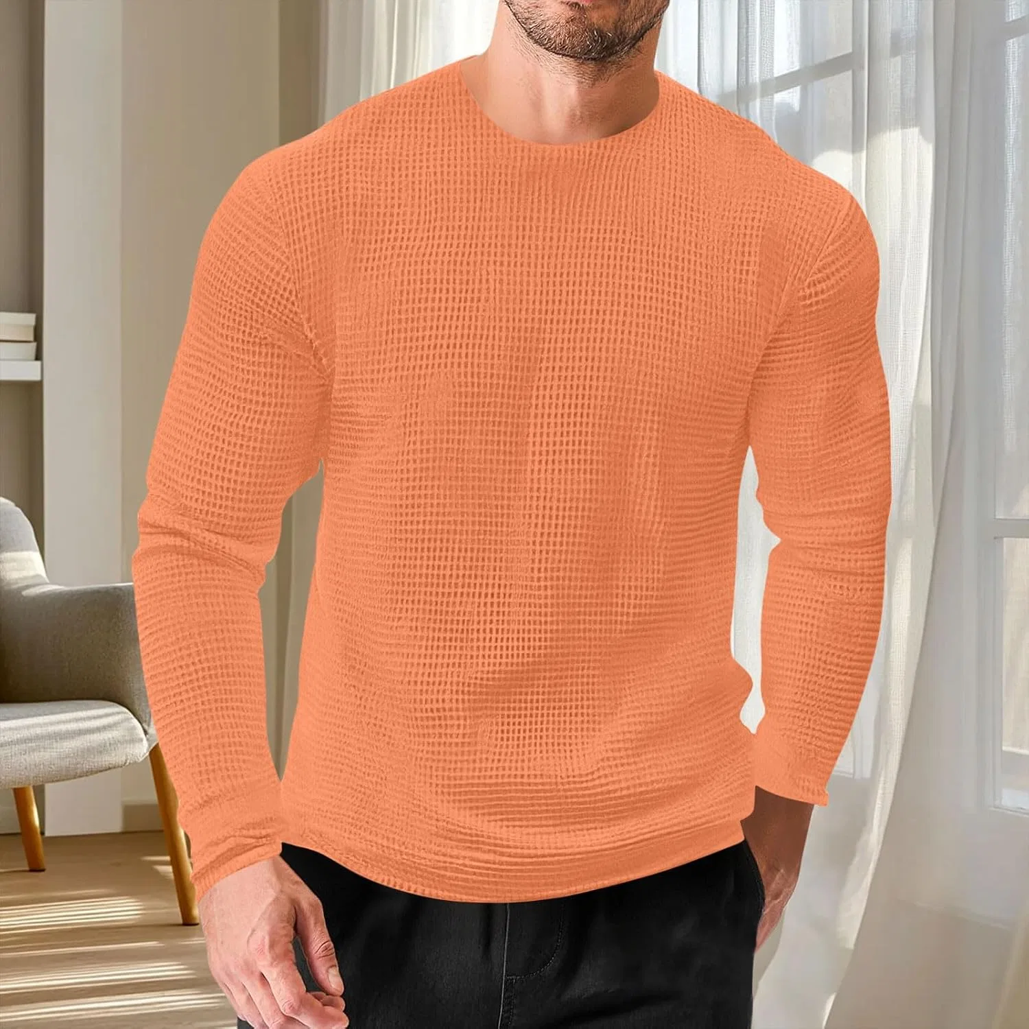 Мужская футболка с вафельным переплетением длинный рукав, Orange — фото 3