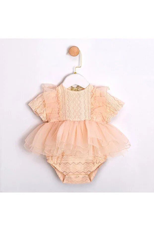 Детский комбинезон для девочек кружевной Tulip back detailed baby girl romper Ministok, Salmon — фото 2