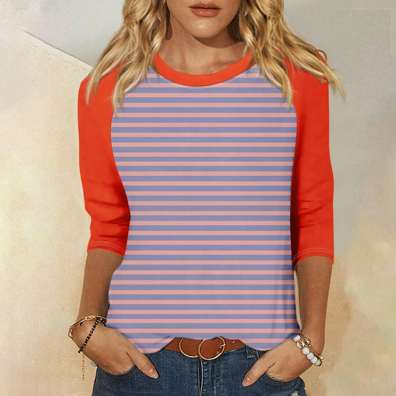 Женская майка с цветочным принтом Floral Print Round Neck Long Sleeve Lace Top, Orange-3 — фото 2