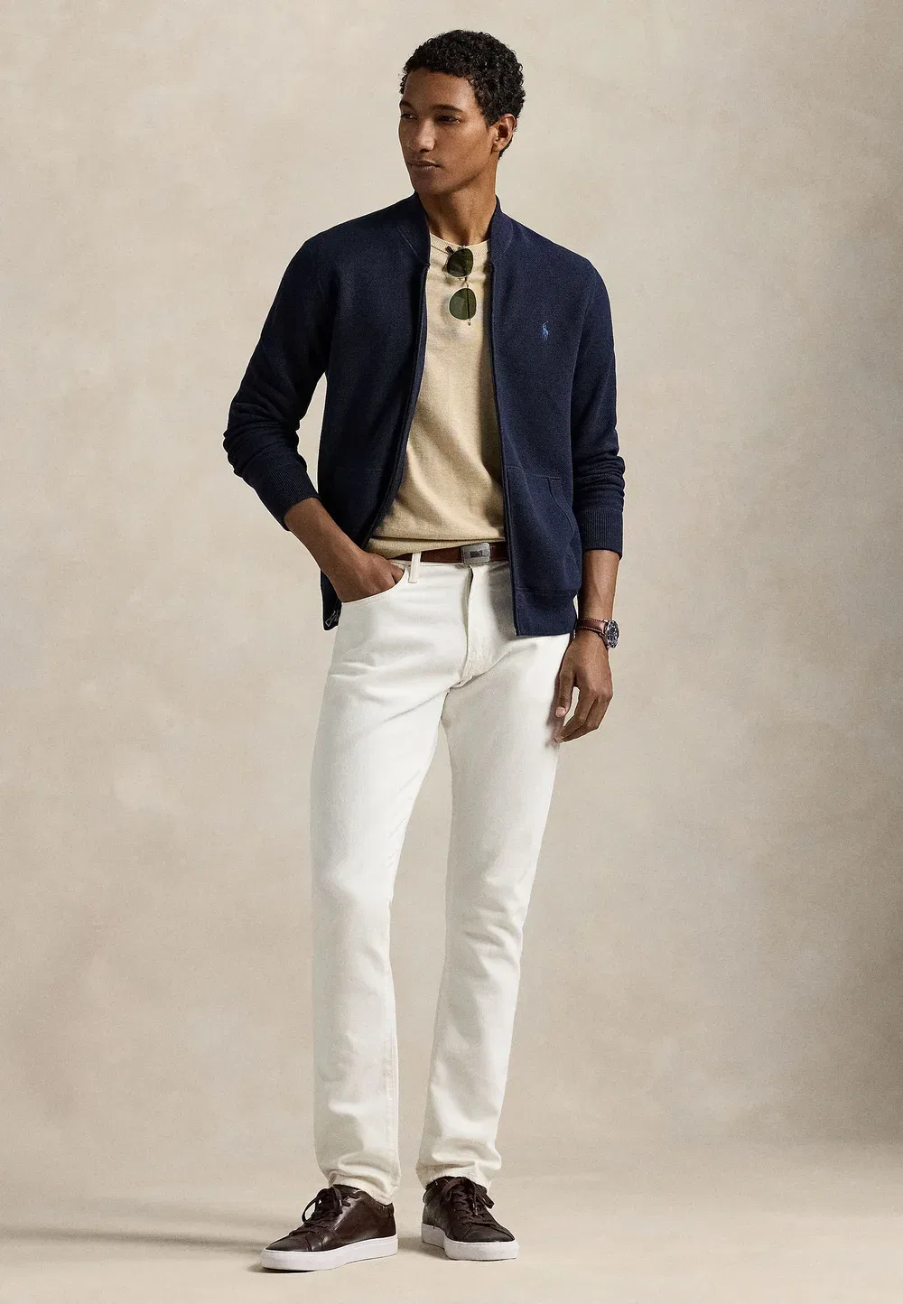 Хлопковый свитер-кардиган на молнии из сетчатой ткани Polo Ralph Lauren, Navy Heather — фото 2