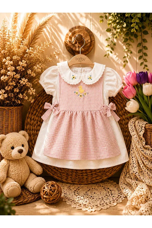 Детское платье для девочек с принтом Chick and daisy embroidered plaid checked lace bow detail Bobby Baby, Pink