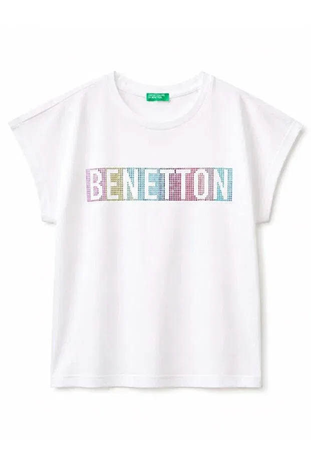 Детская футболка для девочек хлопковая с круглым вырезом Benetton, Белая United Colors Of Benetton