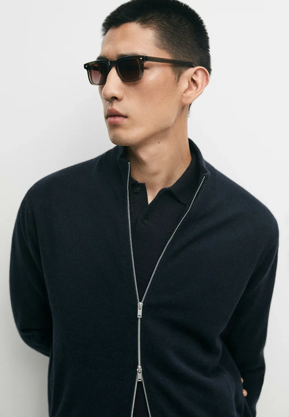 Вязаный кардиган на молнии из 100% кашемира - кардиган Massimo Dutti, Mottled Dark Blue — фото 4
