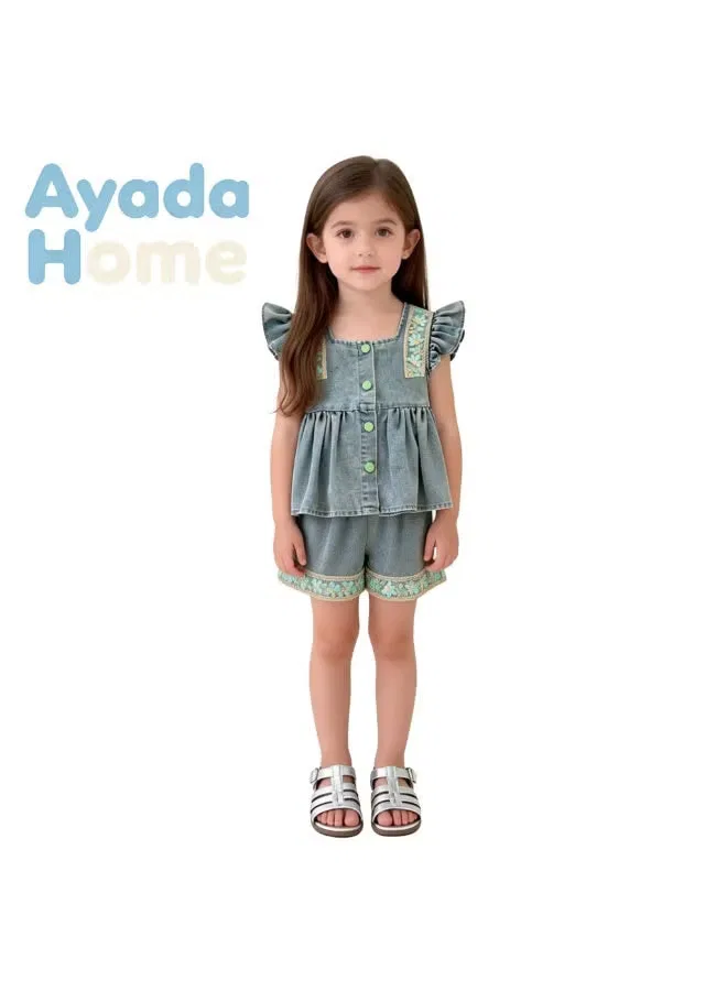 Комплект для девочки джинсовый с вышивкой и рюшами Ayada Home