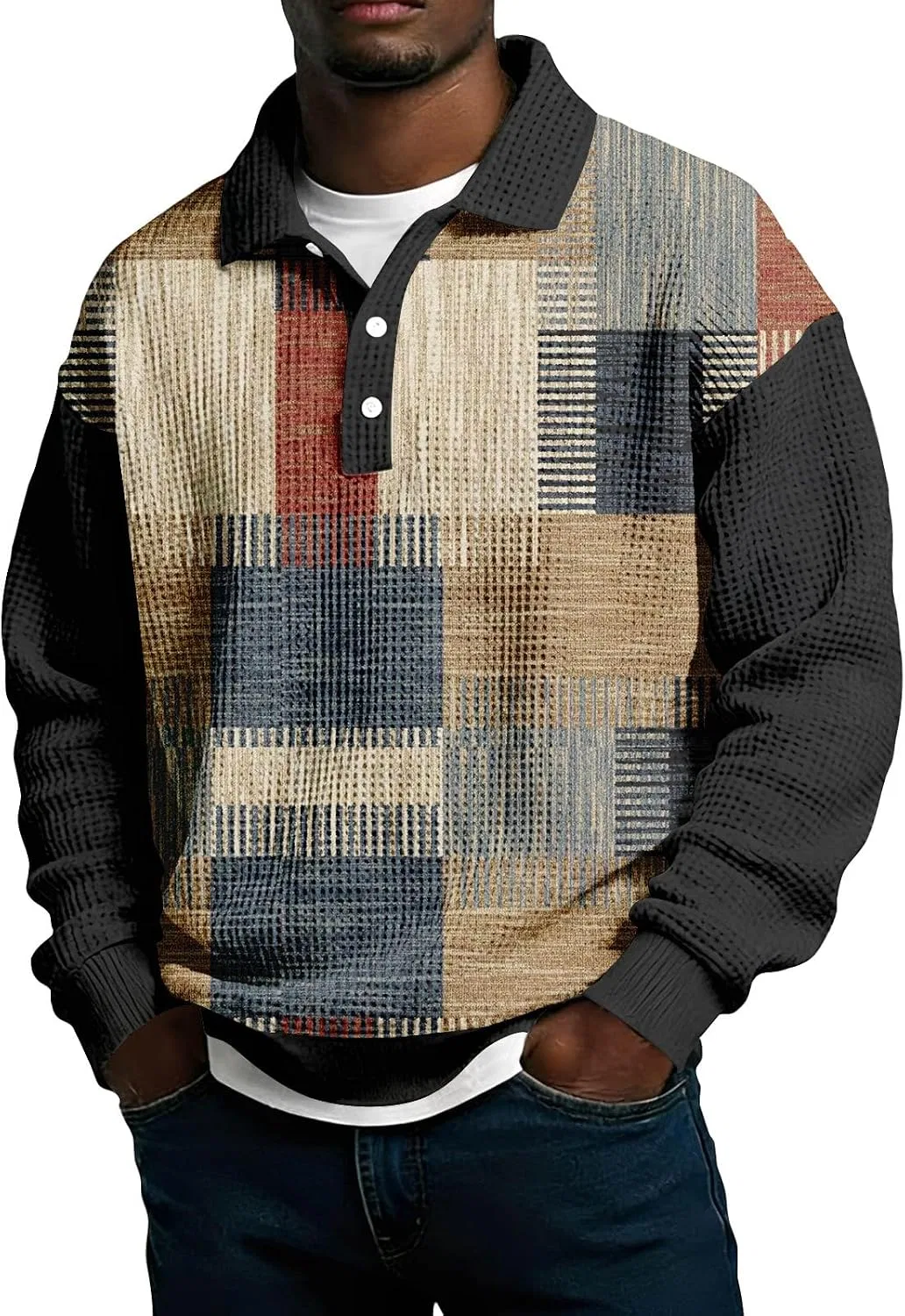 Мужской пуловер с вязаным воротником-поло Patchwork Knit, 01-khaki