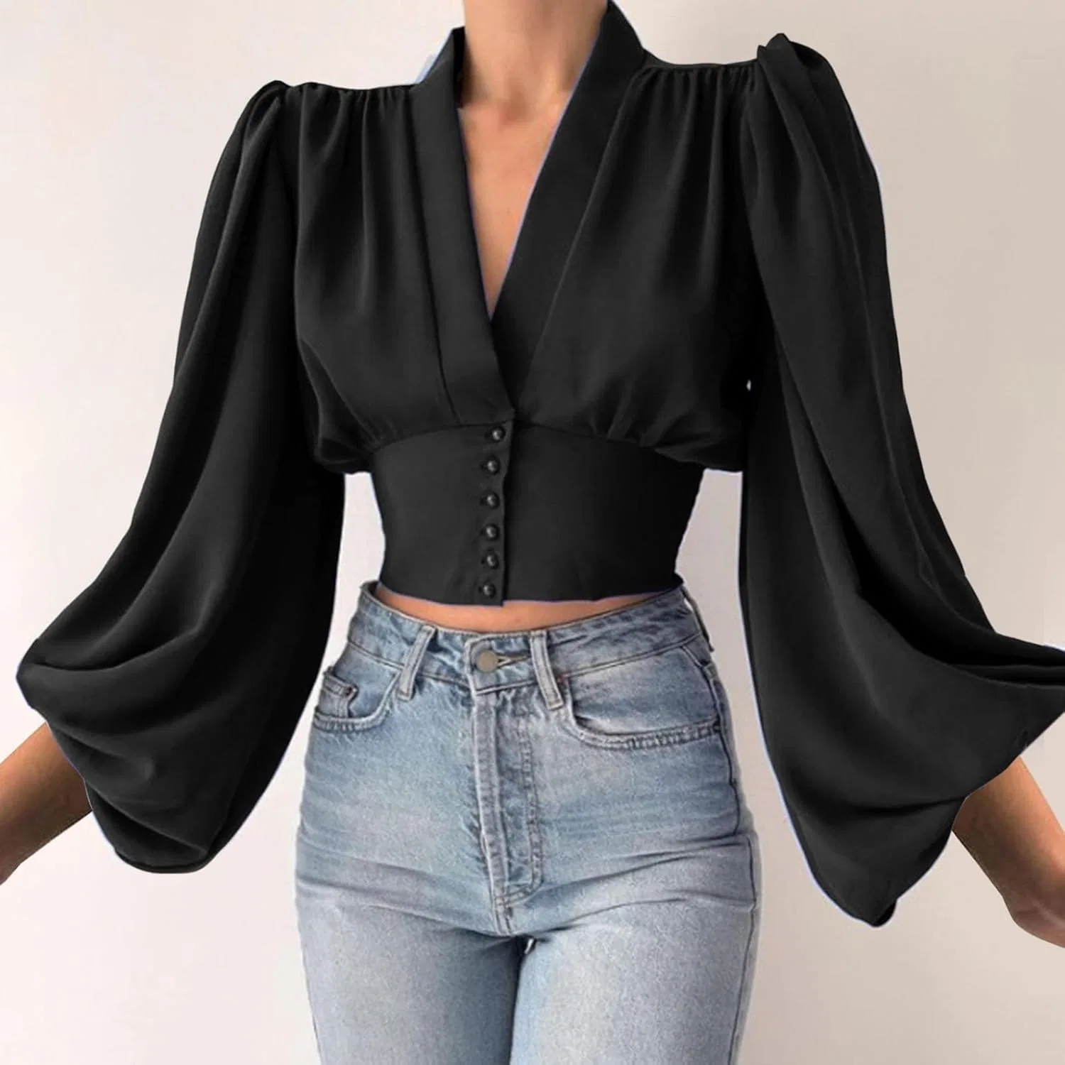 Блуза с V-образным вырезом и пуговицами Summer Casual Blouse, черный — фото 4