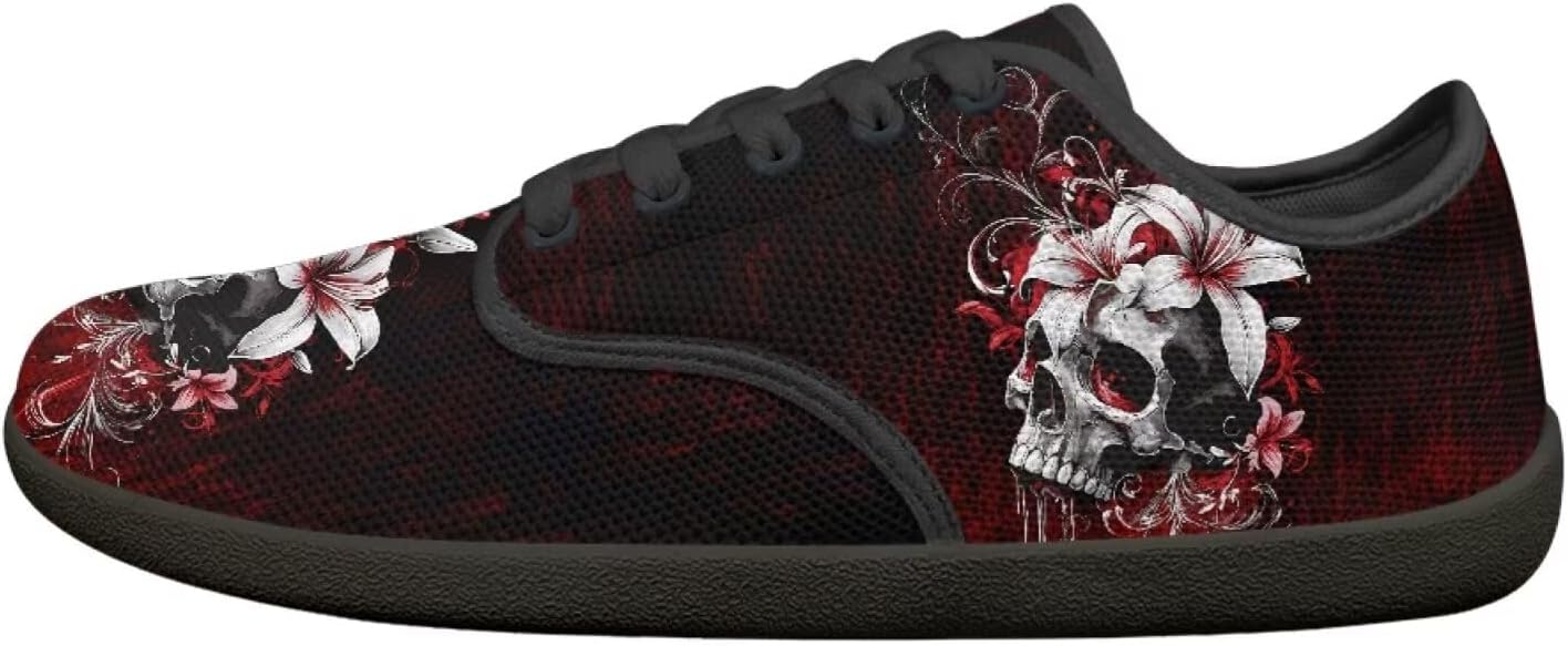 

Мужские кроссовки низкие повседневные с шнуровкой, с широким носком, для ходьбы, кроссовки с подошвой нулевого перепада Pointodoor, Skull Flower