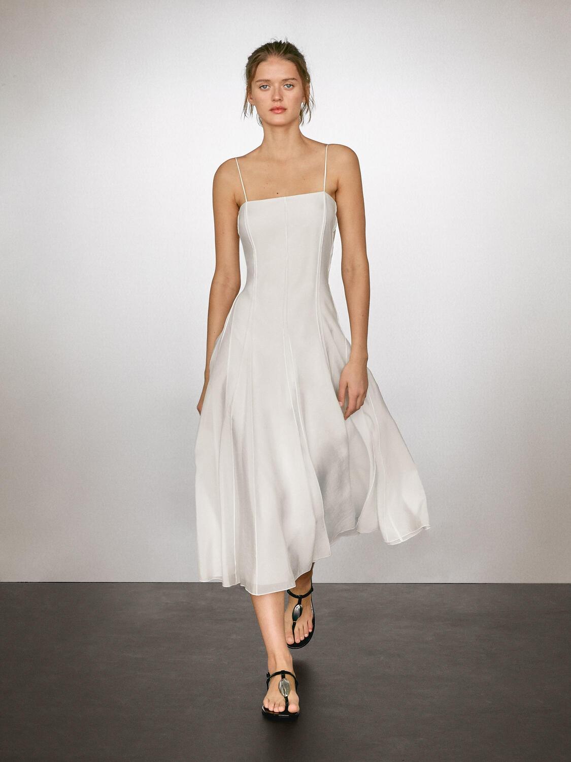 

Платье миди с струящимися бретельками Massimo Dutti, кремовый