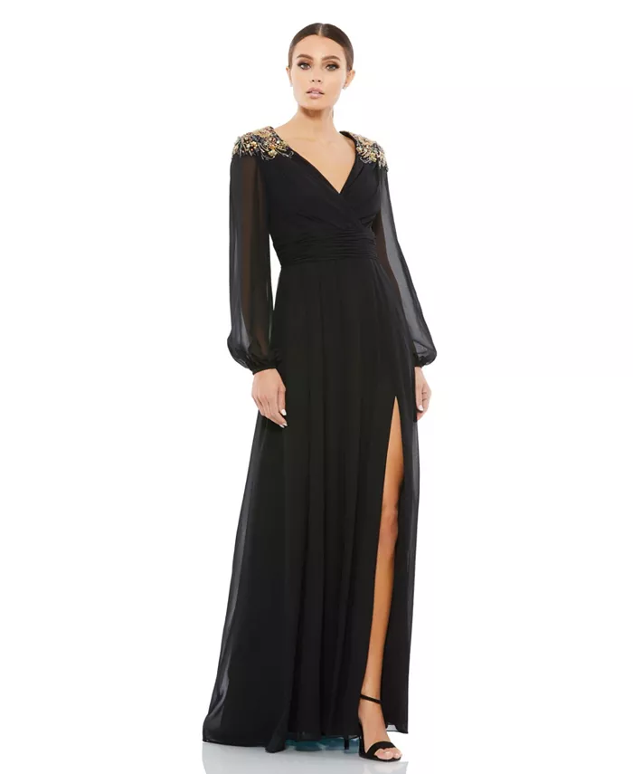 

Женское вечернее платье Ieena с декорированными плечами и рукавами-блузонами Mac Duggal, синий