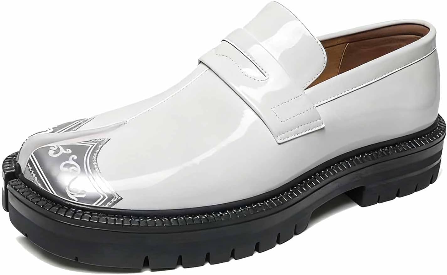 

Мужские лоферы с рифленой подошвой, с разрезным носком, модные кожаные, с принтом, на массивной платформе, удобные, без шнурков, офисные и деловые туфли на каблуке, с нескользящей подошвой, для работы и повседневной носки Donrrndk, белый
